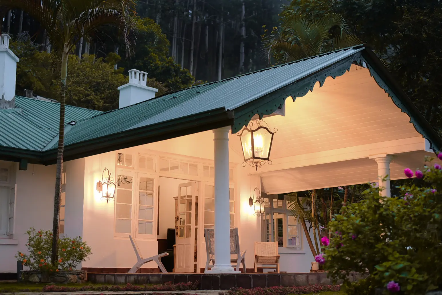 Luxury hotel exterior with sunset view