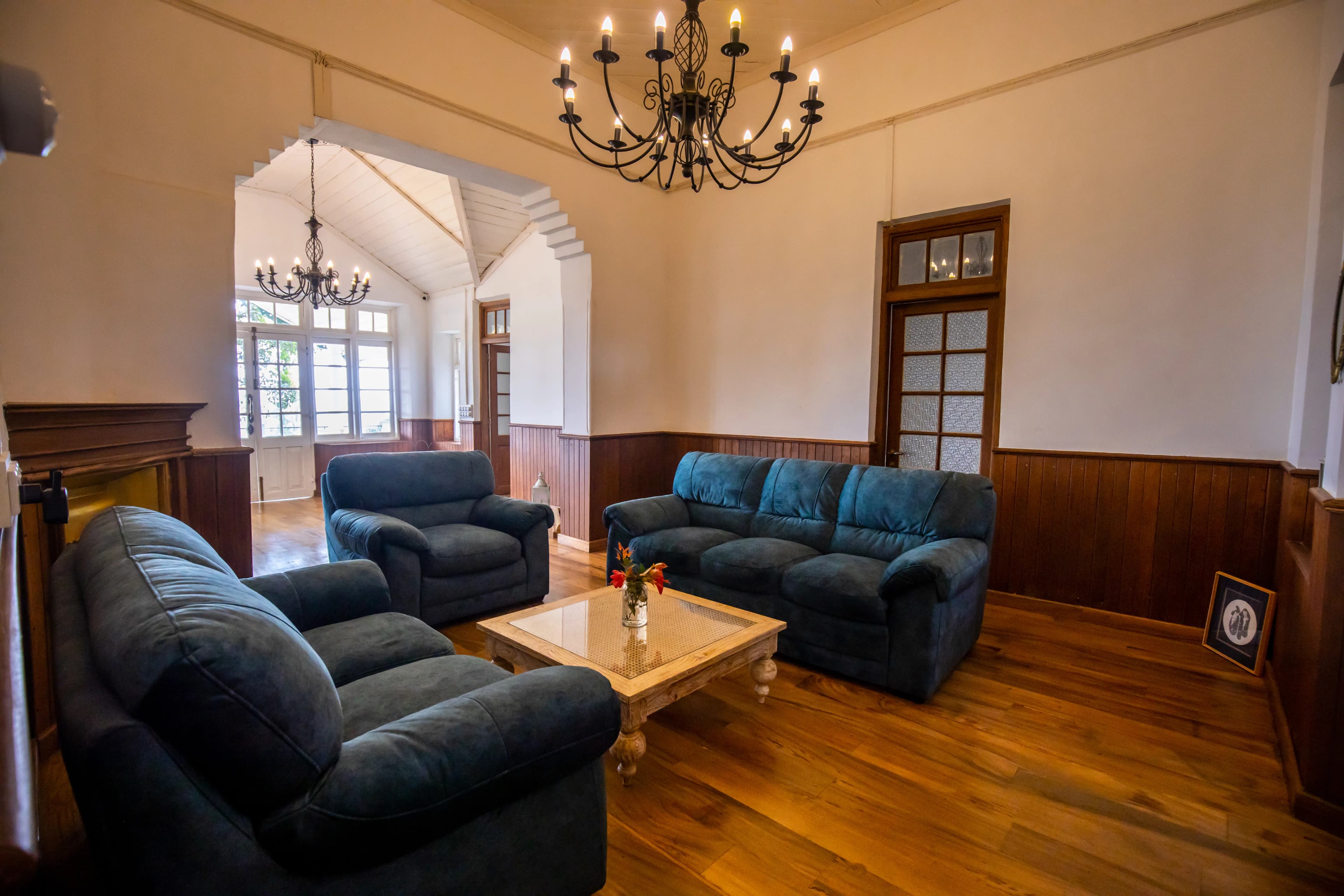 Elegant hotel lobby with chandelier